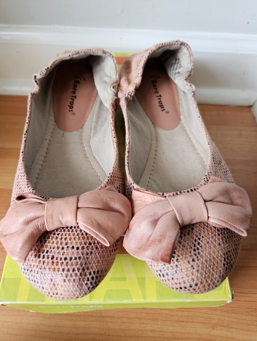 BareTraps Pink Snake-Print Bow Flats